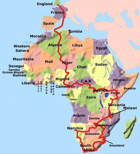 A map of Africa showing the route taken